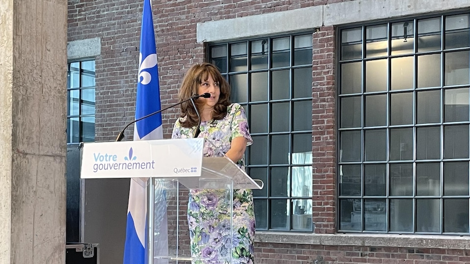 Nathalie Roy debout derrière un lutrin.