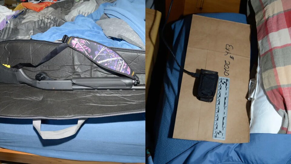 Montage de deux photos : l'une, d'un fusil de chasse à l'extérieur d'une pochette sur un lit, et l'autre, d'un bouton de panique à côté d'un oreiller.