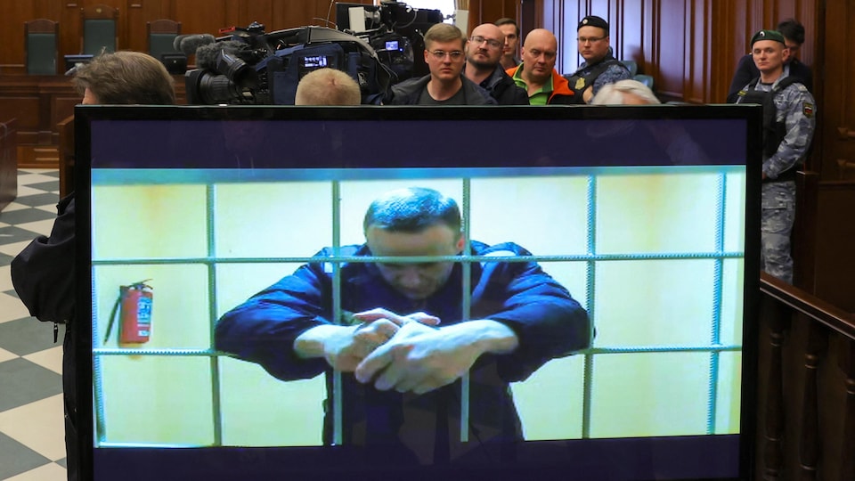 Alexeï Navalny est vu sur un écran lors d'une audience au tribunal à Moscou.