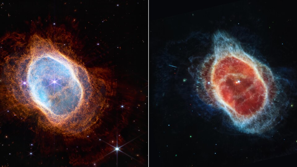 Comparaison montrant des observations avec le télescope Webb de la nébuleuse de l'Anneau austral dans le proche infrarouge, à gauche, et dans l'infrarouge moyen, à droite.

