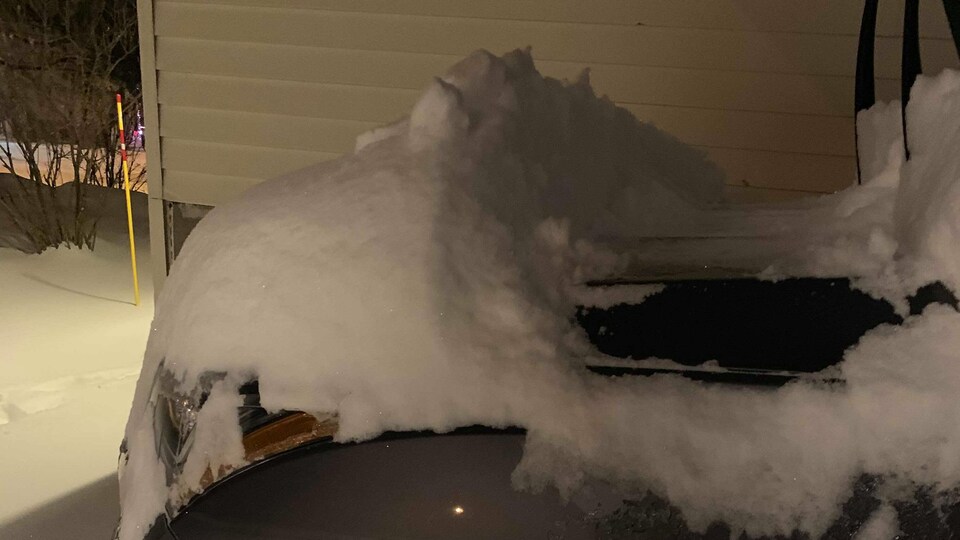 Une partie d'une voiture est déneigée laissant voir la hauteur de la neige accumulée.