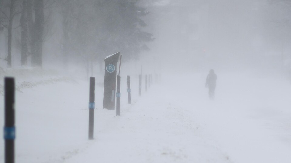 Un piéton sur un trottoir enneigé à Québec.