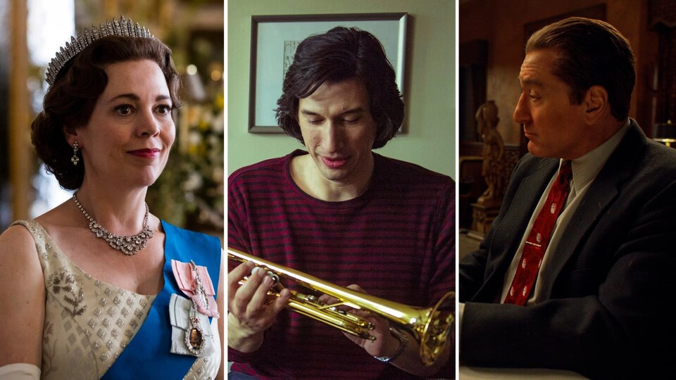 Dans l'ordre, des images de la série The Crown et des films Marriage Story et The Irishman.