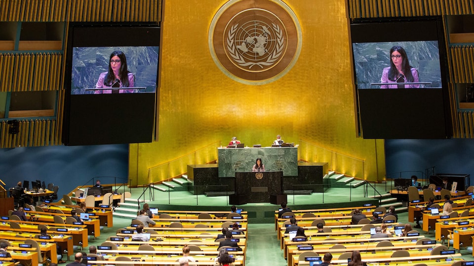 La ministre des Affaires étrangères du Liechtenstein, Dominique Hasler, s'adresse à la 76e session de l'Assemblée générale des Nations unies au siège de l'ONU, le 25 septembre 2021 à New York.