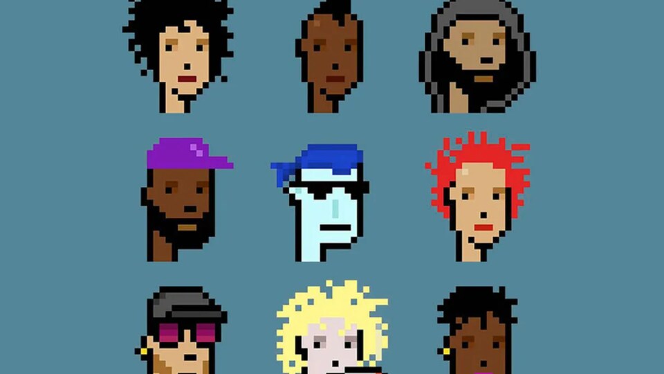 Neuf personnages pixélisés sur un fond bleu.