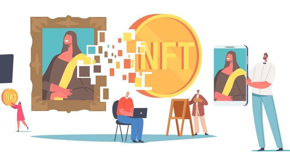 Illustration montrant des œuvres numériques authentifiées en NFT.
