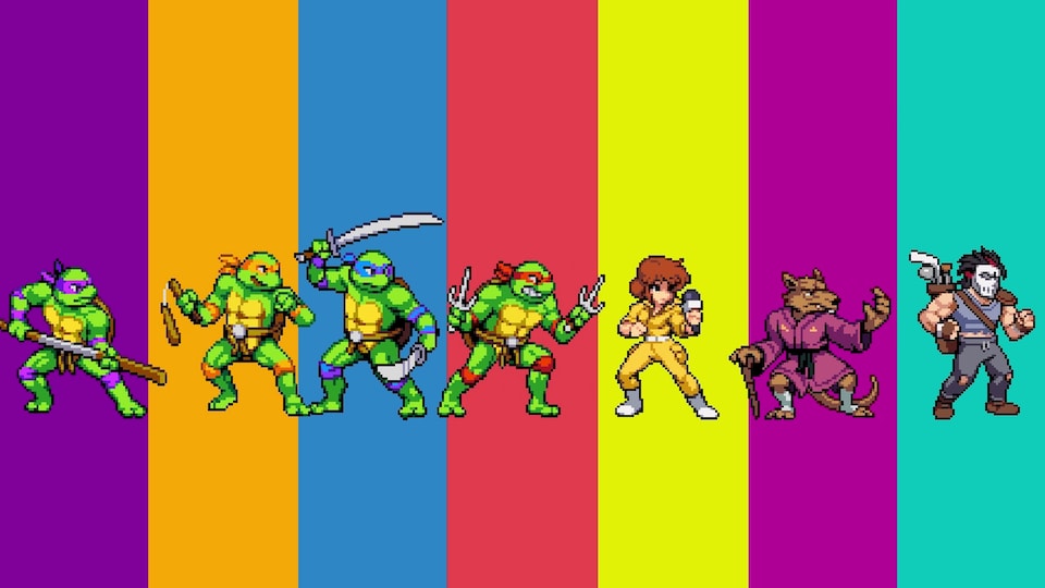 Sept personnages jouables du jeu des Tortues Ninja de Tribute Games côte-à-côte dans un décor multicolore. 