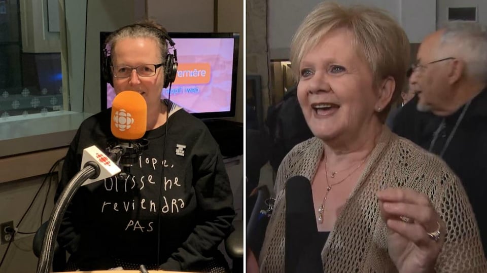 Les deux femmes en photos, dont Valérie Delage avec un coton ouaté dans le studio radio de Radio-Canada.