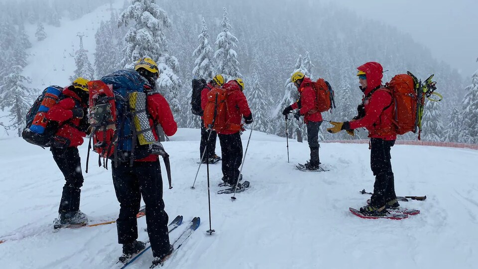 Des secouristes en ski et portant des sacs à dos sont à l'arrêt dans une montagne aux arbres enneigés.