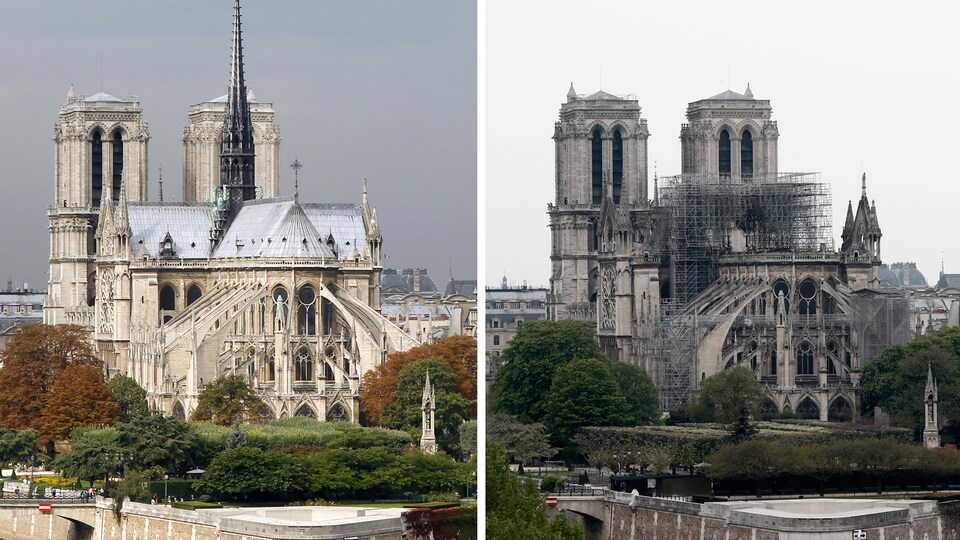 La photo de gauche montre Notre-Dame de Paris avant l'incendie, et la photo de droite la montre après le sinistre. On constate notamment l'absence de la flèche.