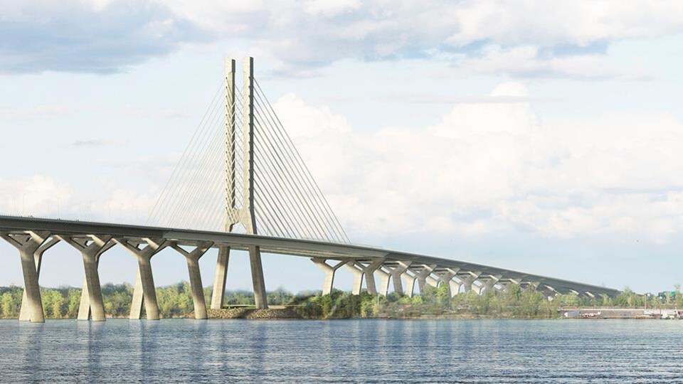 Aperçu de ce dont aurait l'air le nouveau pont Champlain. La structure est épurée et comprend un seul pilier, à mi-chemin.