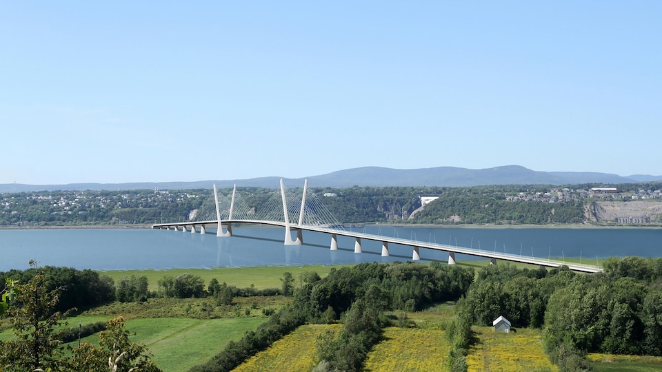 Un croquis du nouveau pont de l'île d'Orléans, à Québec, surplombe le Saint-Laurent. 