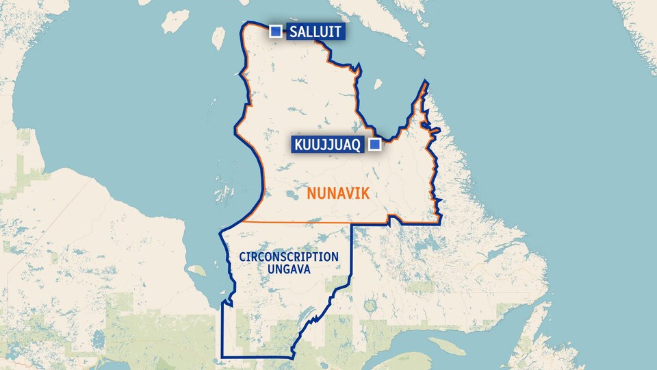 Carte du Québec avec la délimitation de la circonscription d'Ungava et le Nunavik qui se trouve dans le nord de la circonscription.