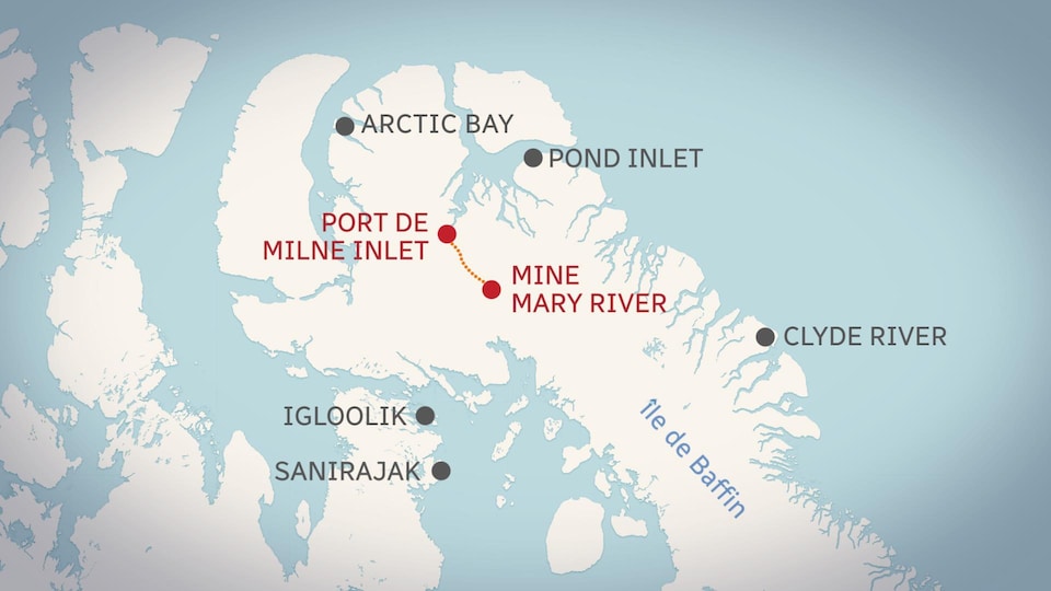 Un carte montrant la mine de fer Mary River dans le nord de l'île de Baffin, au Nunavut.