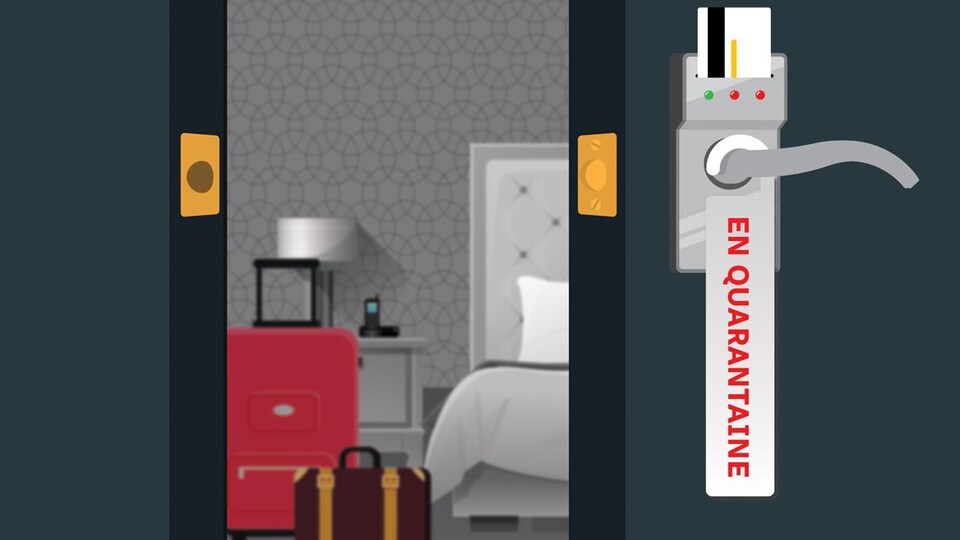 Une simulation d'une chambre d'hôtel de quarantaine où sont posées des valises.