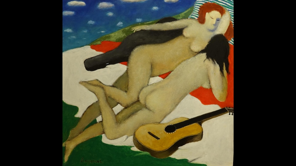 Toile représentant deux femmes nus avec une guitare par Henry Wanton Jones.