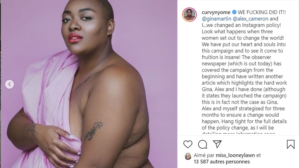 Capture d'écran d'une publication Instagram montrant la mannequin taille plus Nyome Nicholas-Williams poser nue sur un fond rose.