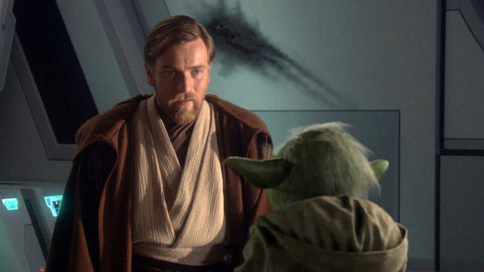 Obi-Wan Kenobi discute avec Yoda dans une scène du film La Revanche des Sith. 