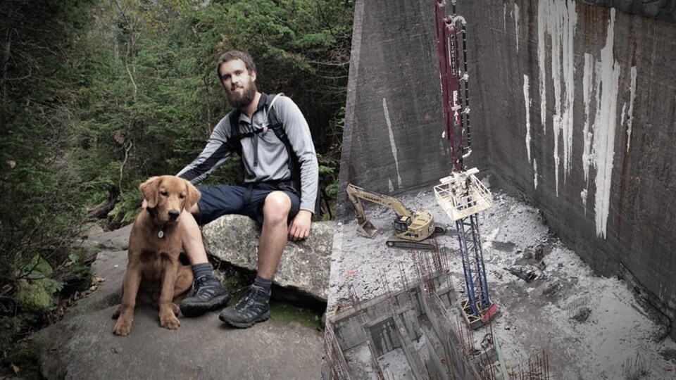 À gauche : Olivier Bruneau avec son chien dans une forêt. À droite: le chantier de construction où il est mort.