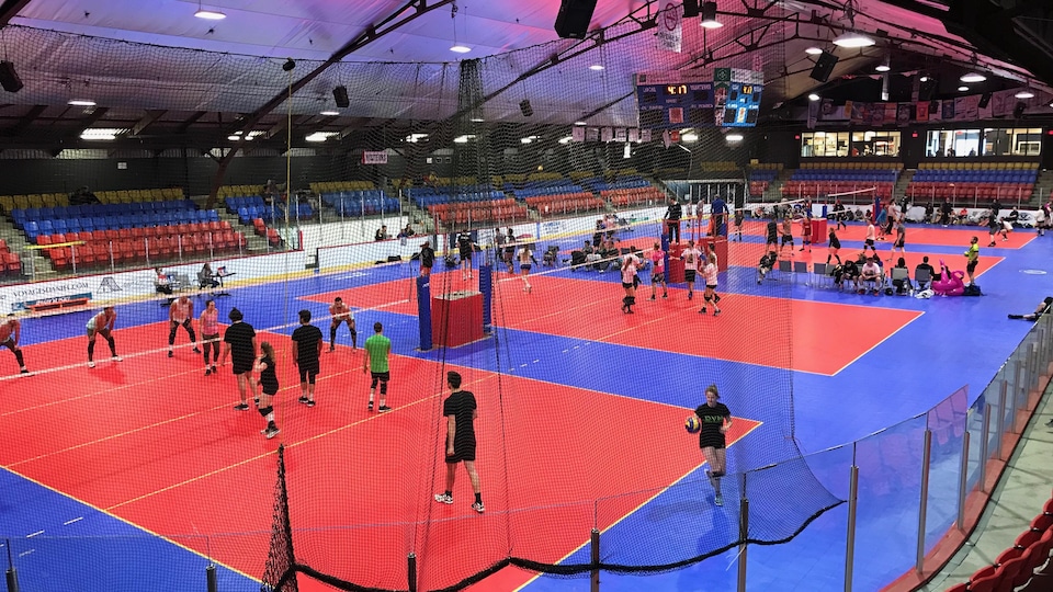 L'aréna d'Amqui divisé en 4 terrains de volleyball avec plusieurs joueurs en action.