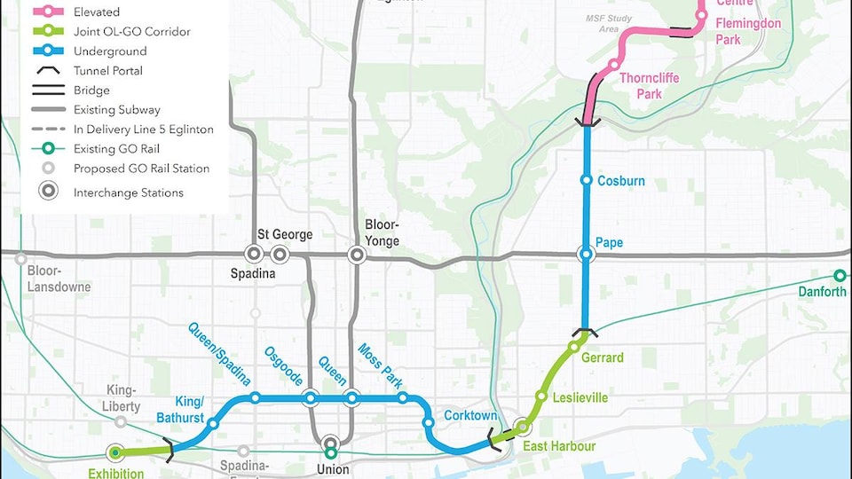 Une carte illustrant le tracé potentiel de la ligne Ontario