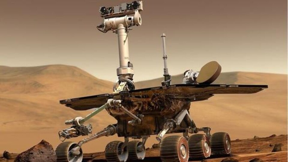 Représentation artistique du robot Opportunity lors de son arrivée à la surface de Mars en 2004.