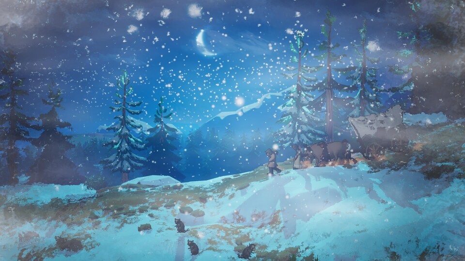 Capture d'écran du jeu « The Oregon Trail » où on voit un convoi de personnes qui se dirigent vers l'Oregon sous la neige.