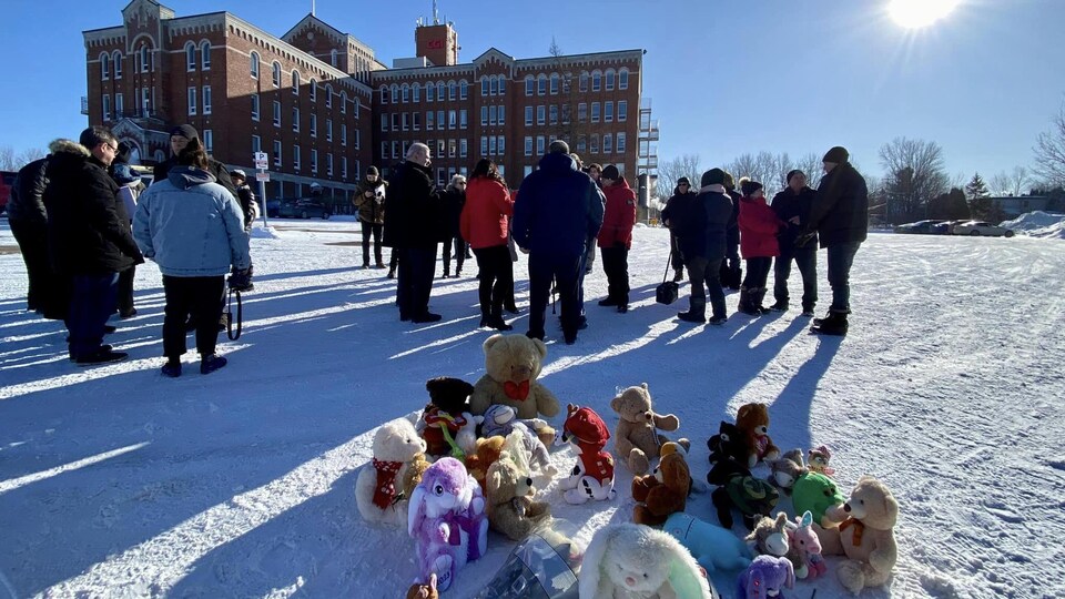 Des toutous sont devant au sol avec des personnes réunies à l'arrière. Elles se tiennent devant un édifice en hiver.