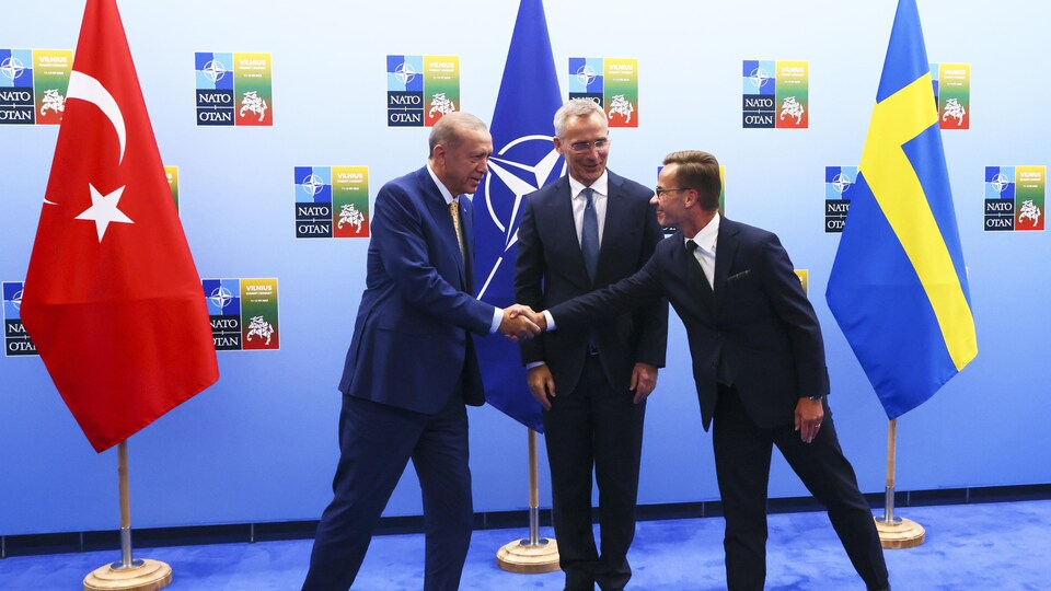 Le premier ministre suédois serre la main du président turc devant le secrétaire général de l'OTAN, Jens Stoltenberg.