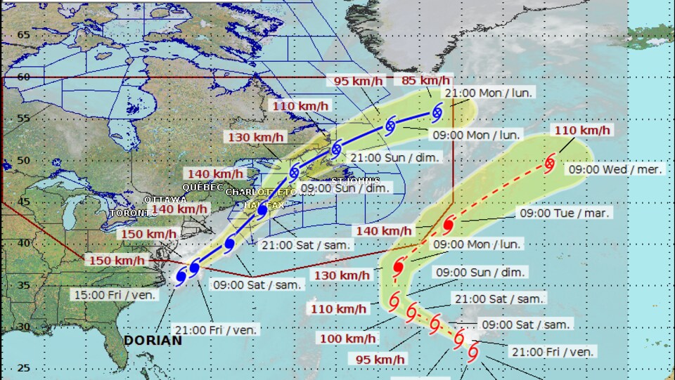 Carte des trajectoires de l'ouragan Dorian et de la tempête tropicale Gabrielle.
