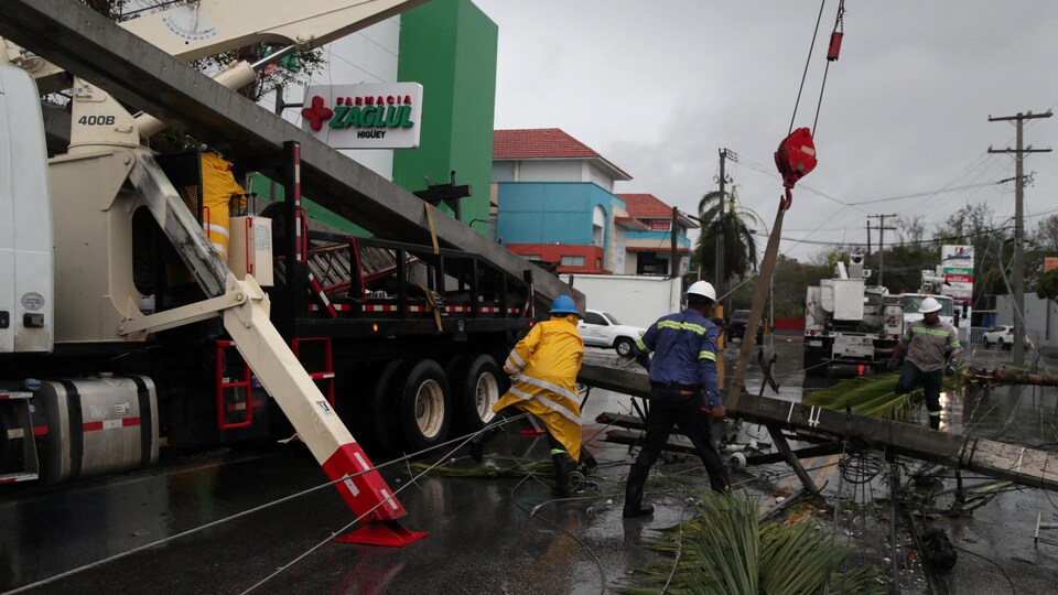 Des ouvriers enlèvent des poteaux électriques après le passage de l'ouragan Fiona.
