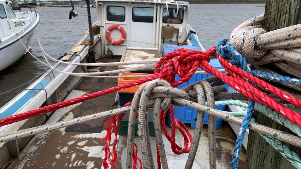 Des cordages sur un bateau de pêche.