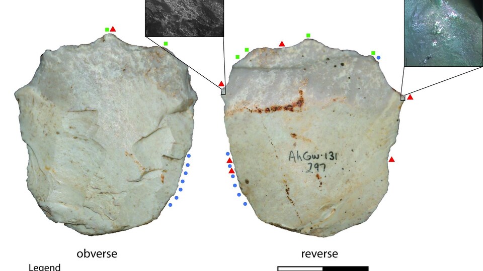 Des photos scientifiques d'un outil en pierre relativement rond avec des dentelures grossières.