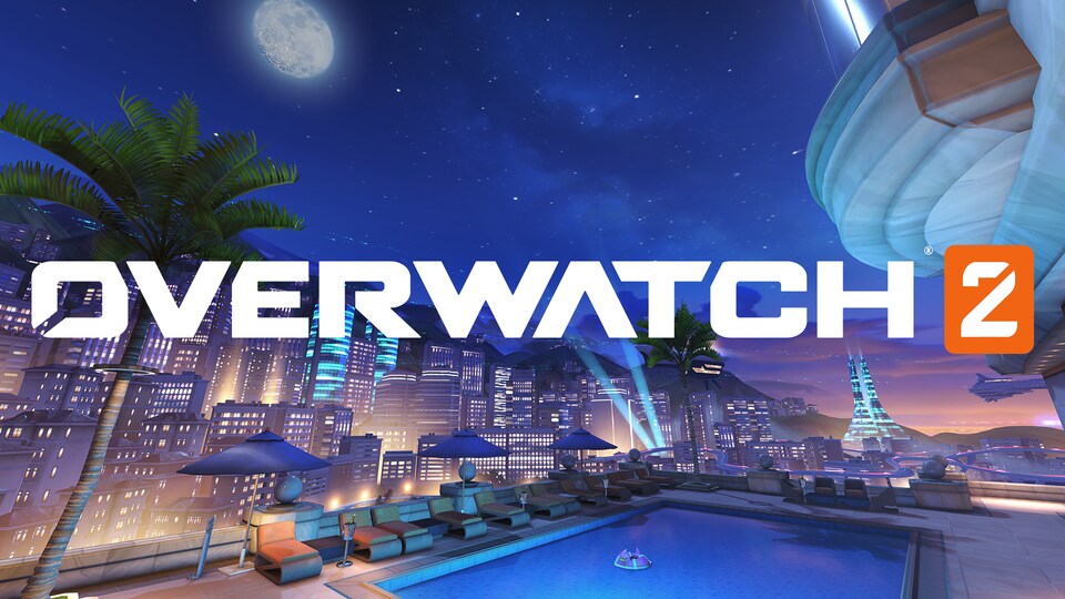 Le logo du jeu vidéo Overwatch 2 est affiché avec terrasse et piscine en arrière-plan.