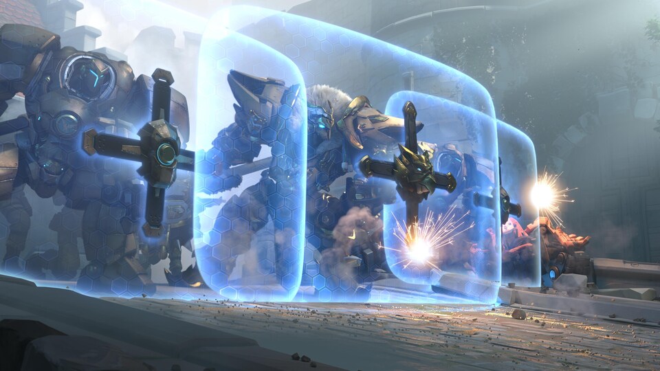 Capture d'écran d'une cinématique du jeu Overwatch qui montre une scène d'action.