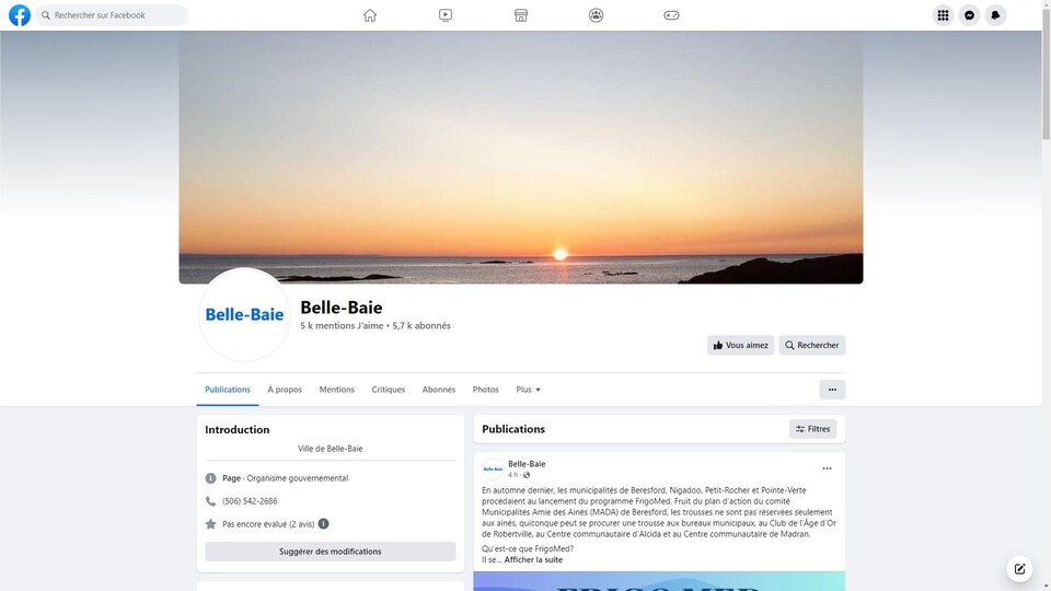 Capture d'écran de la page Facebook de la municipalité de Belle-Baie.