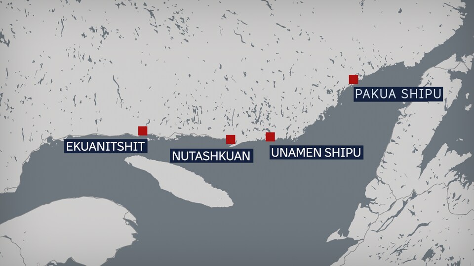 Une carte indique quatre villages innus de l'Est de la Côte-Nord : Ekuanitshit, puis Nutashkuan, Unamen Shipu et Pakua Shipu.