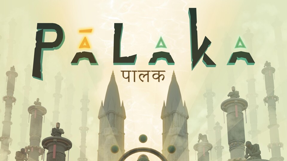 L'affiche du jeu vidéo «Palaka», qui montrent un temple, des tours et deux personnages qui se tiennent la main.