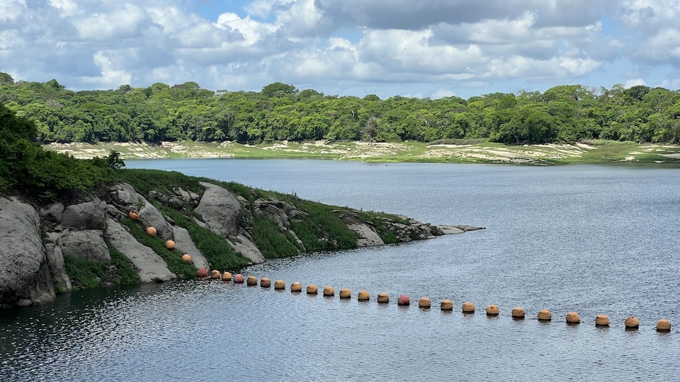 Attached to the shores of Lake Alajuela, these buoys clearly indicate how far the water traveled before the current dry period.