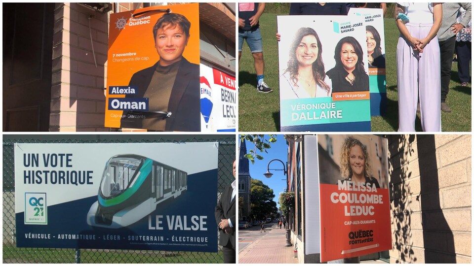 Des pancartes de quatre différents partis de la ville de Québec.