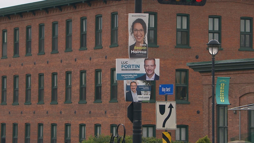 Des pancartes électorales posées en plein centre-ville de Sherbrooke.