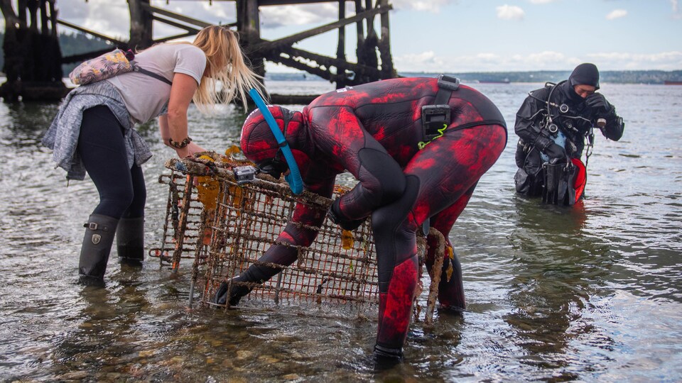 Deux plongeurs et une bénévole avec un panier d'épicerie remonté à la surface.