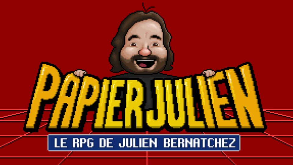 Affiche d'un jeu vidéo montrant Julien Bernatchez pixelisé derrière le nom de son jeu, «Papier Julien».