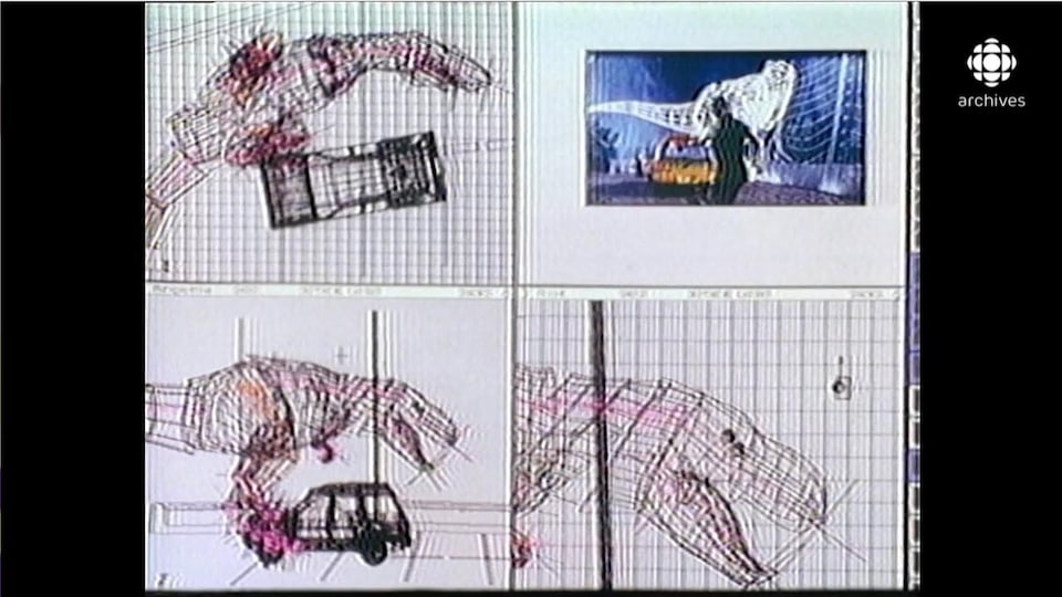 Écran d'un ordinateur montrant le travail d'animation sur une scène avec un dinosaure et un véhicule avec le logiciel Softimage.