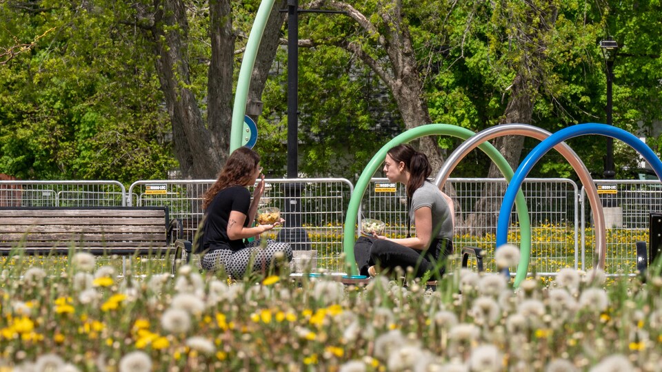 Deux femmes tiennent chacune un plan rempli de nourriture et elles sont assises sur un banc dans un parc.