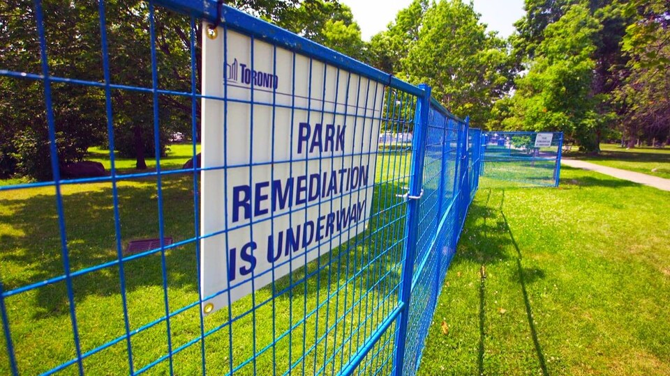 La clôture en métal bleue bloquant l'accès à une partie du parc.