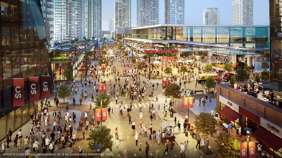 Plan fait par un artiste montrant le centre d'événements proposé pour remplacer le Saddledome dans le parc Victoria à Calgary.