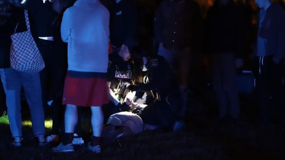 Deux agents du SPVQ passent les menottes à un individu couché dans l'herbe du parc Victoria.