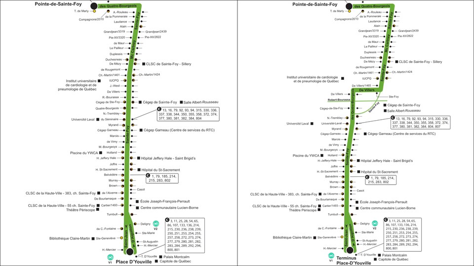 Un comparatif des changements apportés aux parcours de la ligne d'autobus 807 à Québec.