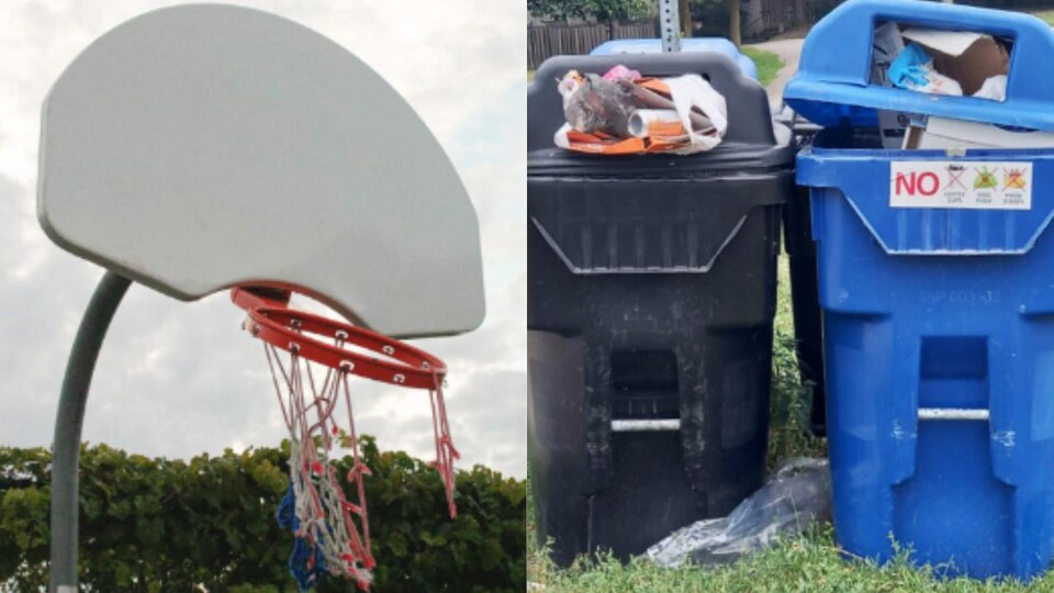 Photos d'un panier de basketball déchiré et de déchets débordants des poubelles d'un parc.